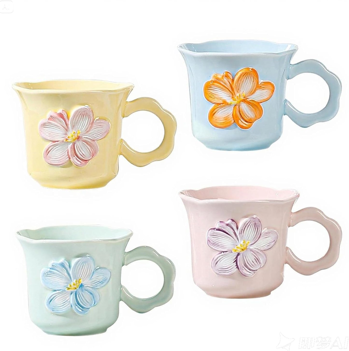 Cute Floral Coffee Mug Set of 4-12oz Ceramic Flower Embossed Cups with Petal Handles, Dishwasher and Microwave Safe