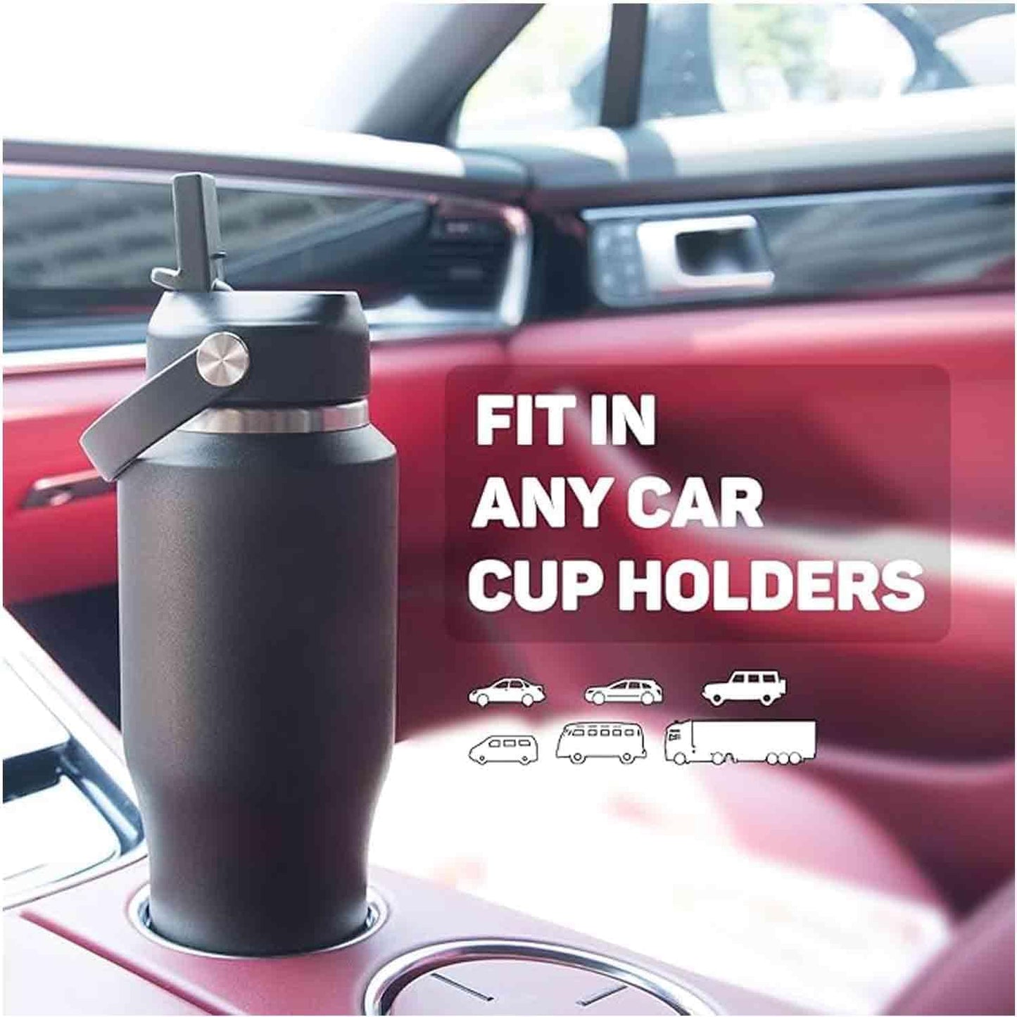 40oz Black Water Bottle Stainless Steel, Keep Cold 24H&Hot 12H, Water Bottle with Straw&Spout Lids, Insulated Water Bottle Double Wall Vacuum, Fit in Any Car Cup Holder, Leak-proof BPA Free