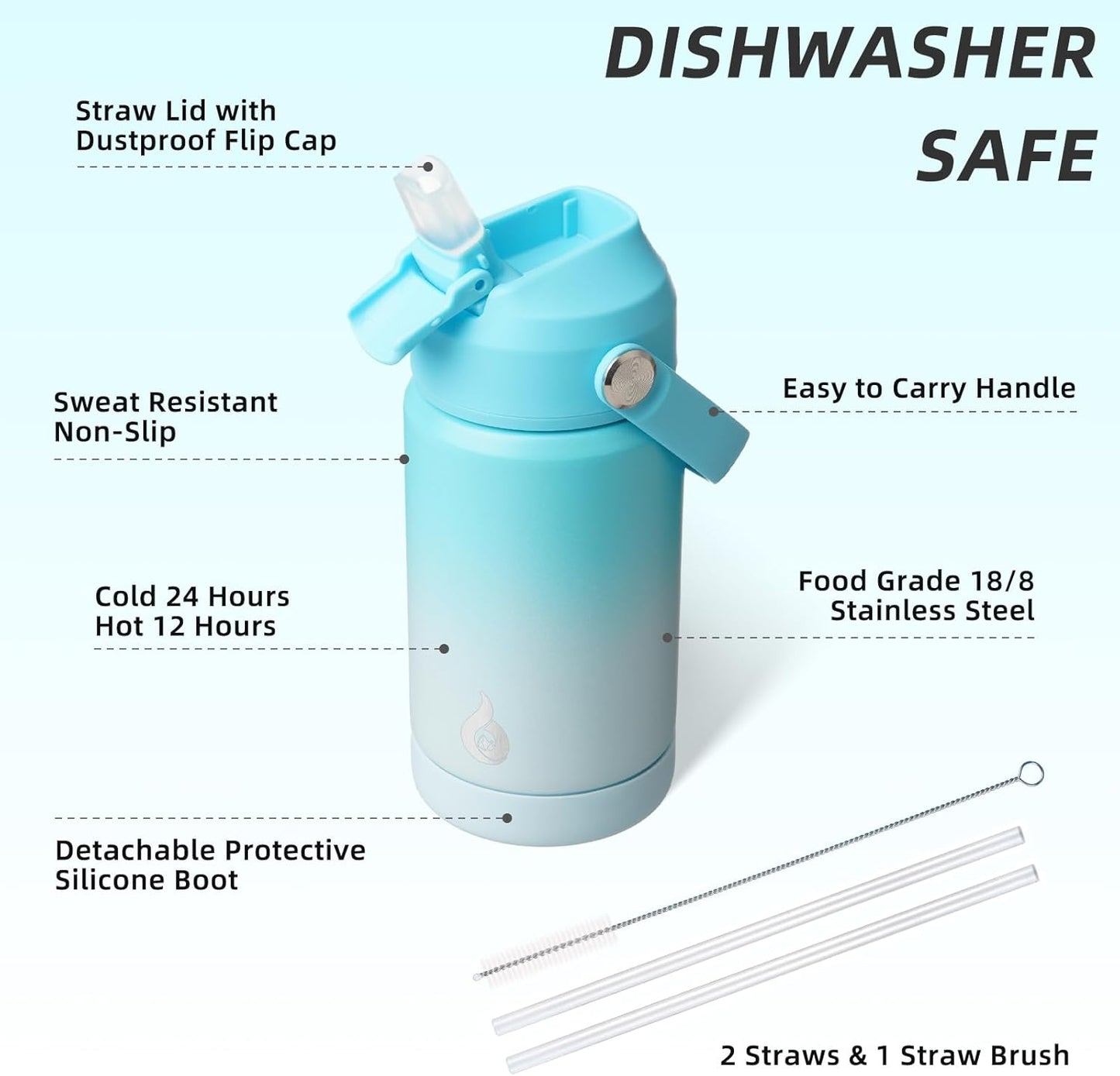 BJPKPK Insulated Water Bottle with Straw Lid, 12oz Thermos Water Bottles, Flex Handle & Non-slip Boot, BPA Free Leak Proof Stainless Steel Metal Thermos, Tumblers, Cups, Sea Salt