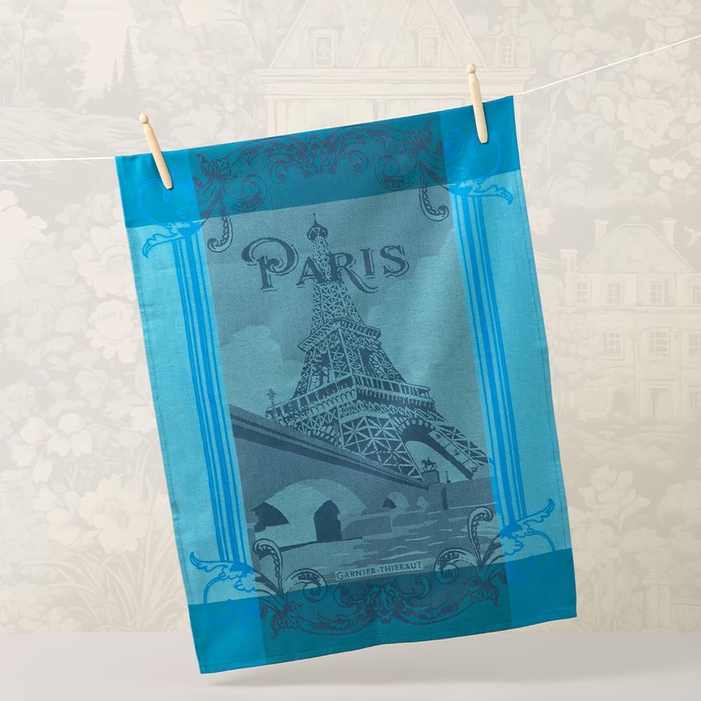 Garnier Thiebaut Paris Seine Turquoise French Kitchen Towel 22"x30", Cotton, Jacquard