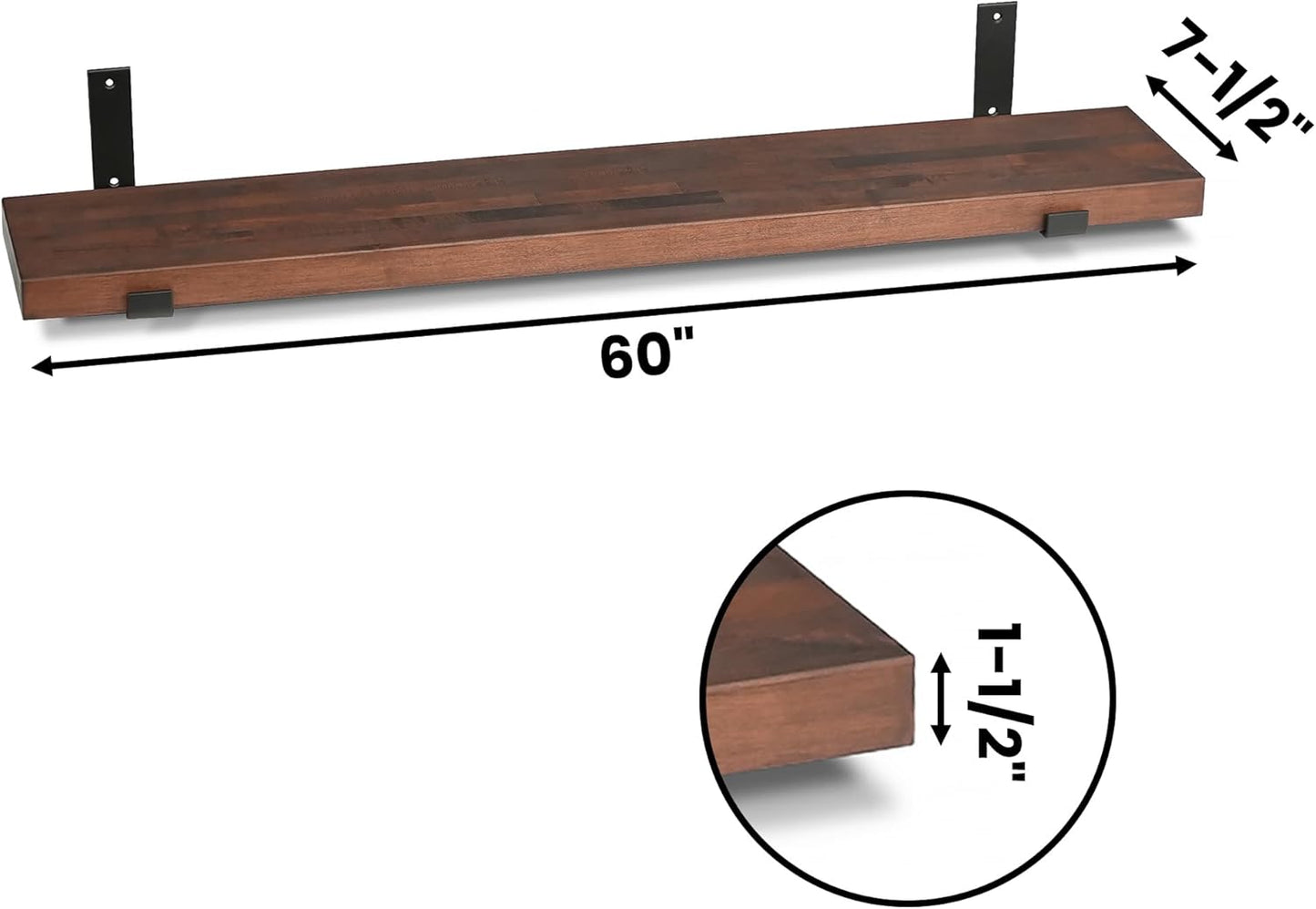 CONSDAN Floating Shelves for Wall Mounted Book Shelf Hanging Shelves Floating Bookshelf for Bedroom, Bathroom, Living Room, Kitchen USA Grown Solid Hardwood, Dark Maple 60x7.5x1.5 in (Set of 3)