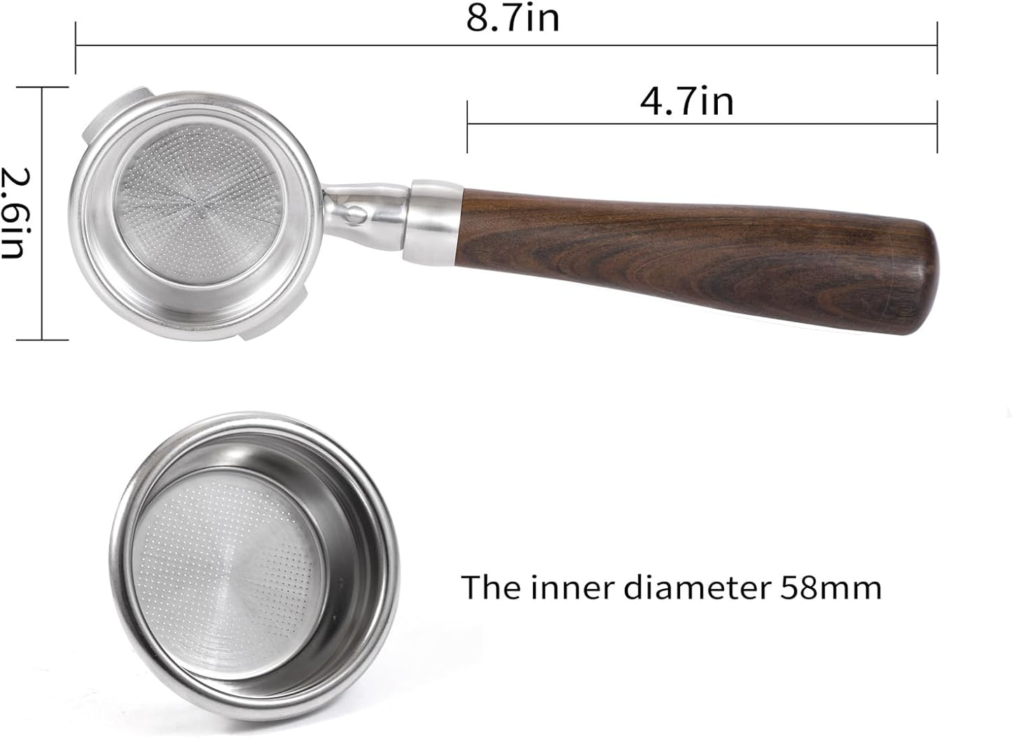 58mm Bottomless Portafilter with Double Shot Filter Basket & Wood Handle for Gaggia Classic, Espresso Pure, Color, Dose, Evolution, Baby Twin and More Semi-Automatic Espresso Machine