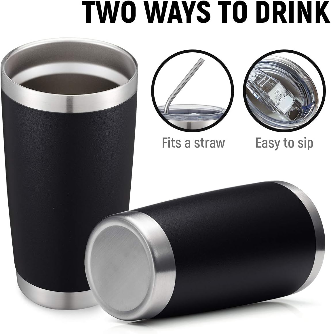 COMOOO 20oz Double Wall Vacuum Insulated Travel Mug, Stainless Steel Tumbler with Lid and Straw Durable Powder Coated Insulated Coffee Cup for Cold & Hot Drinks (Black. 2 pack