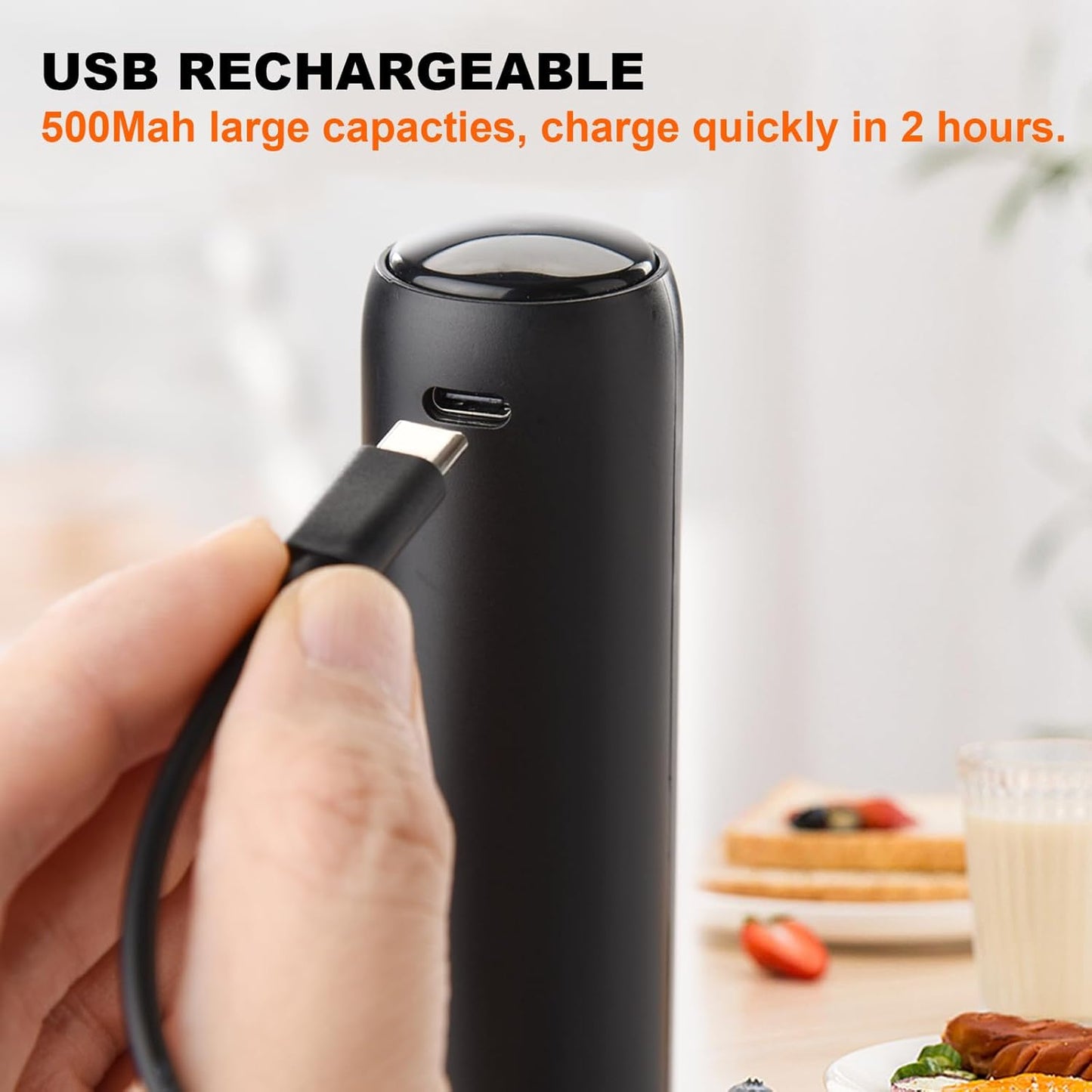 Rechargeable Milk Frother with Cover, Easy to Carry Drink Mixer Handheld, Electric Frother Wand for Coffee, Latte, Cappuccino, Frappe Drink, Hot Chocolate, Black
