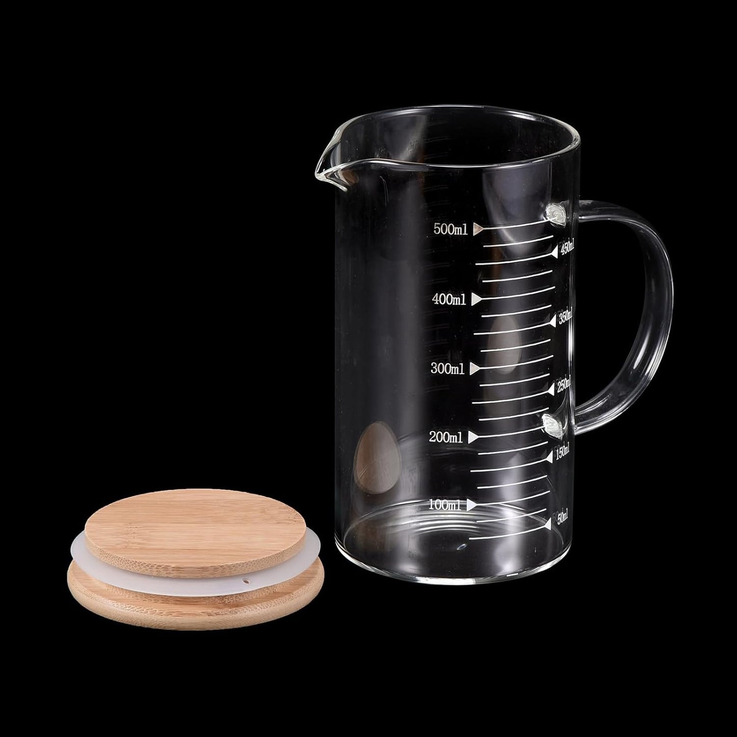 PATIKIL 500ml Glass Measuring Cup, 3.3 Borosilicate Glass Graduated White Printed Scale Liquid Measure Cups Beaker with Wood Lid and V-Shaped Spout for Kitchen