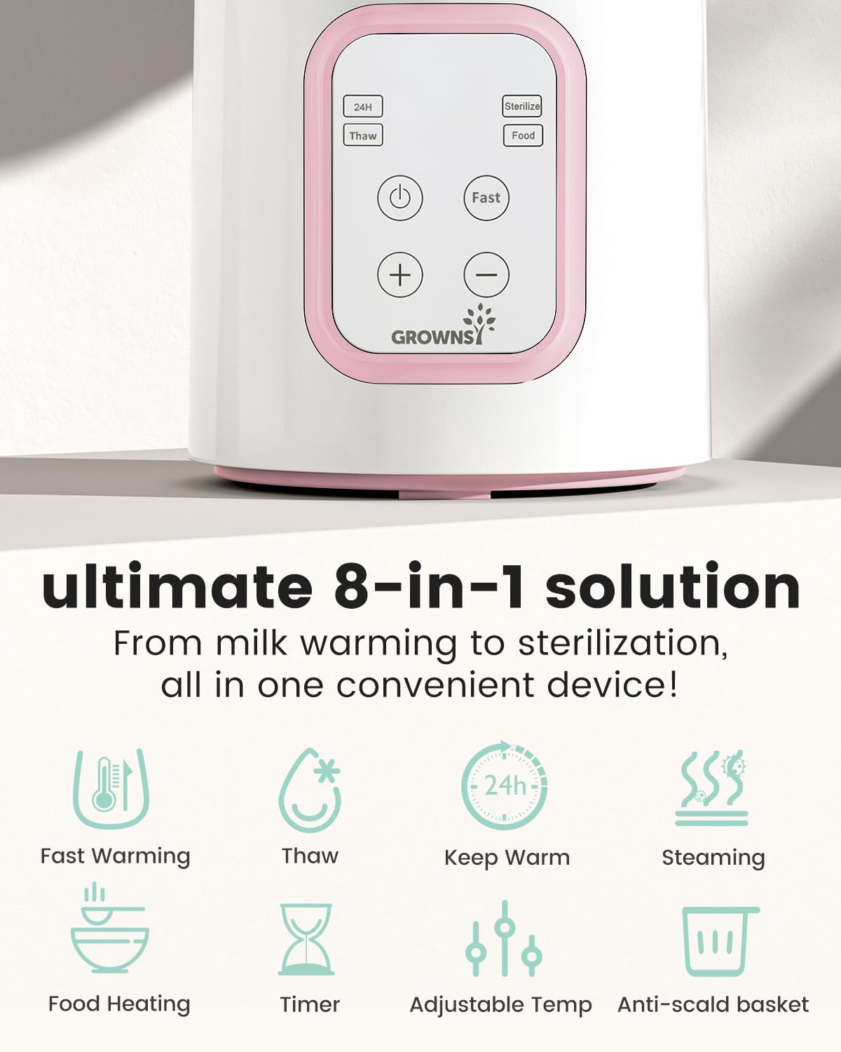 GROWNSY Bottle Warmer, Fast Baby Bottle Warmer for All Bottles, Milk Warmer for Breastmilk or Formula, Smart Temperature Control and Automatic Shut-Off- Pink