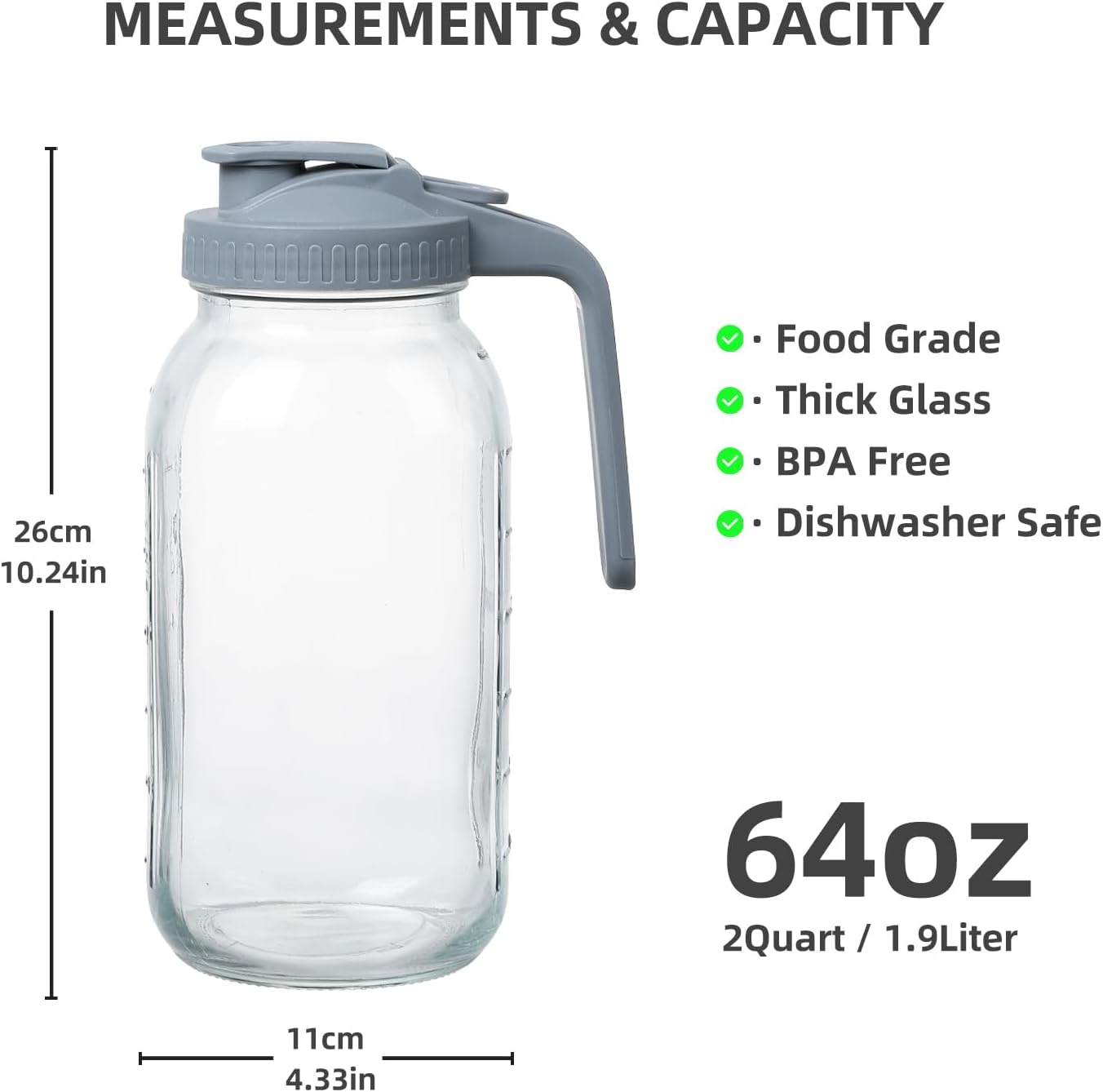 Glass Mason Jar Pitcher with Pour Spout Handle Lid, Breast Milk Pitcher Jug for Ice Tea, Cold Brew Coffee, Fridge Water, Juices, Leak Proof Storage Container