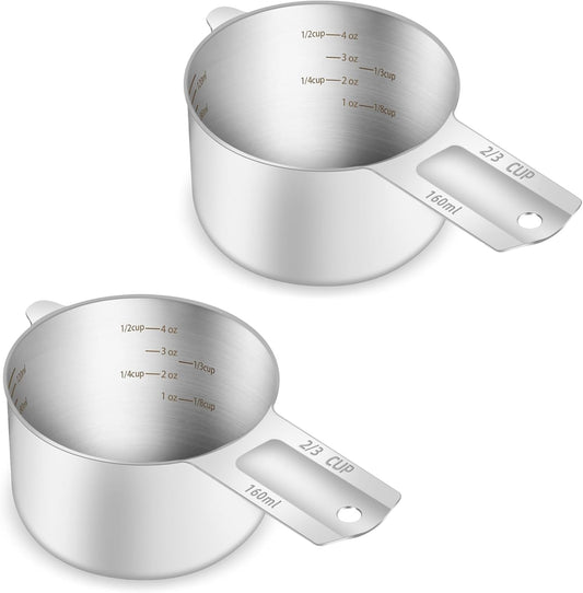 2PCS 2/3Cup (160ml, 5.3oz) Single Measuring Cup, Etched Inner Scale Stainless Steel Measure Scoop, Metric and US Measurement, Dishwasher Safe