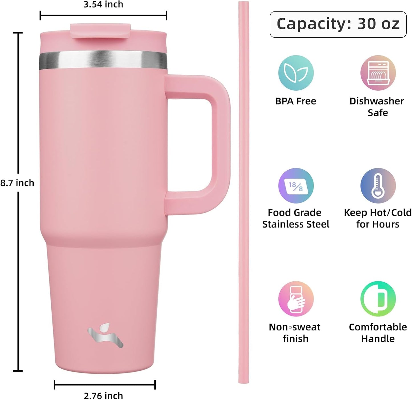 30 oz Tumbler with Handle and 2 Straws,2 in 1 Lid Insulated Water Bottle Stainless Steel Travel Coffee Mug,Pink