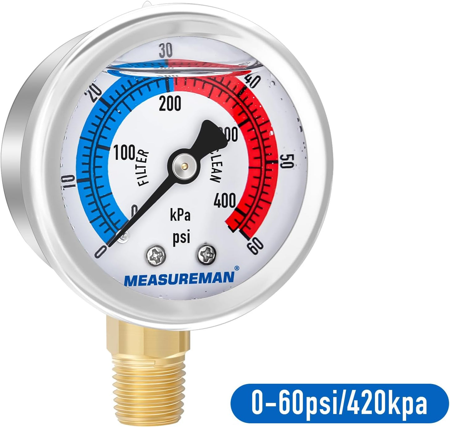 MEASUREMAN 2" Dial Size, Glycerin Filled Pool Filter Pressure Gauge, 304 Stainless Steel Case, 0-60psi/420kpa, 1/4" NPT Lower Mount