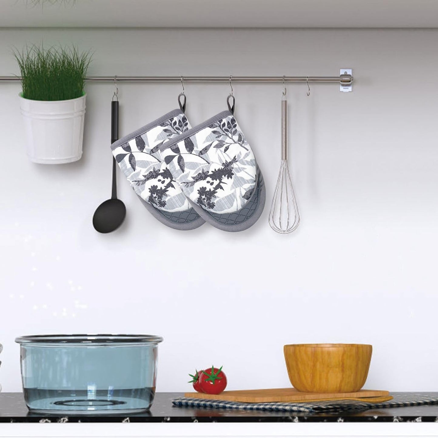 Mini Silicone Oven Mitts, Heat and Slip Resistant Kitchen Mittens 2-Pack Set, Foliage Flower Soft Short Oven Gloves, Flexible Thick Pot Holders for Safe Cooking Baking and Grilling (Grayish)