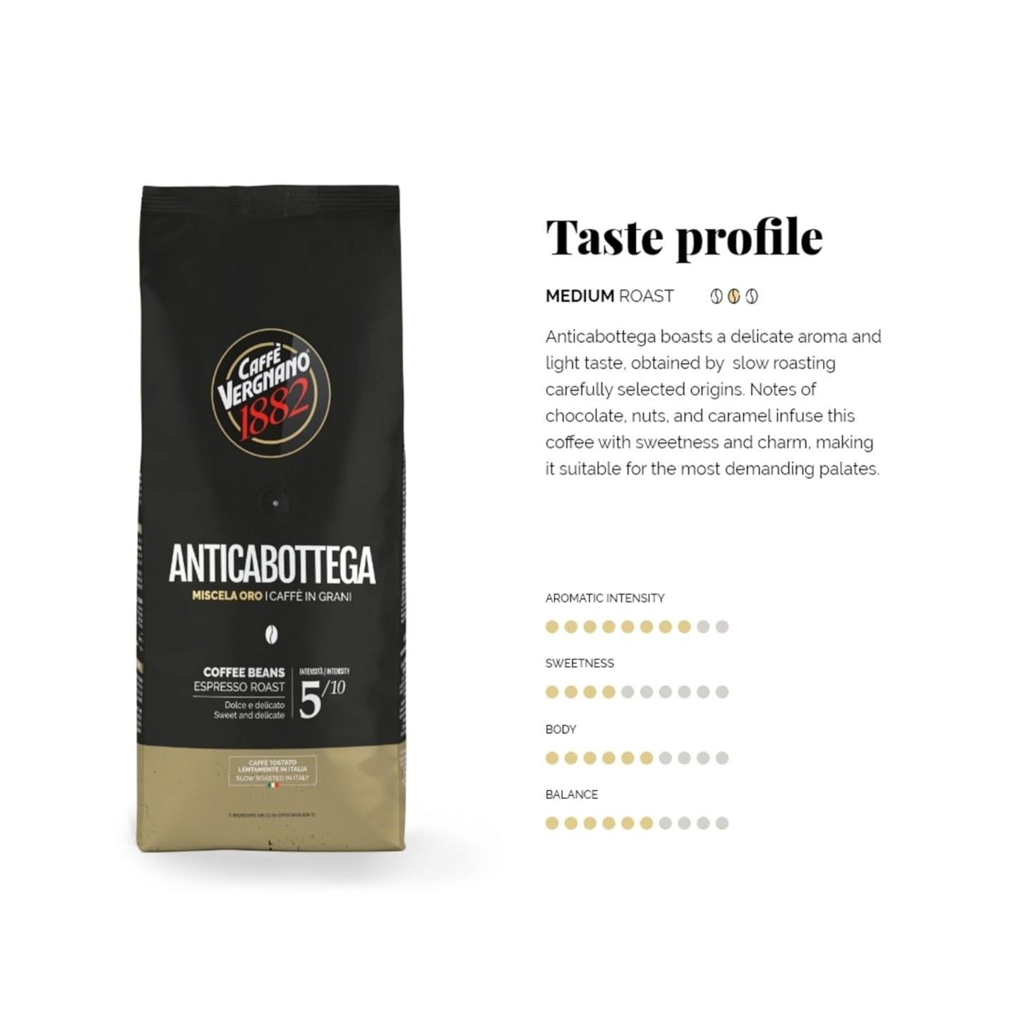 Caffe Vergnano 1882 Antica Bottega Whole Bean Arabica Medium Roast Espresso, 2.2 lbs Bag - Italian Coffee Beans with notes of Chocolate, Nuts & Caramel, Intensity 5/10-1000g Bag (2 Pack)