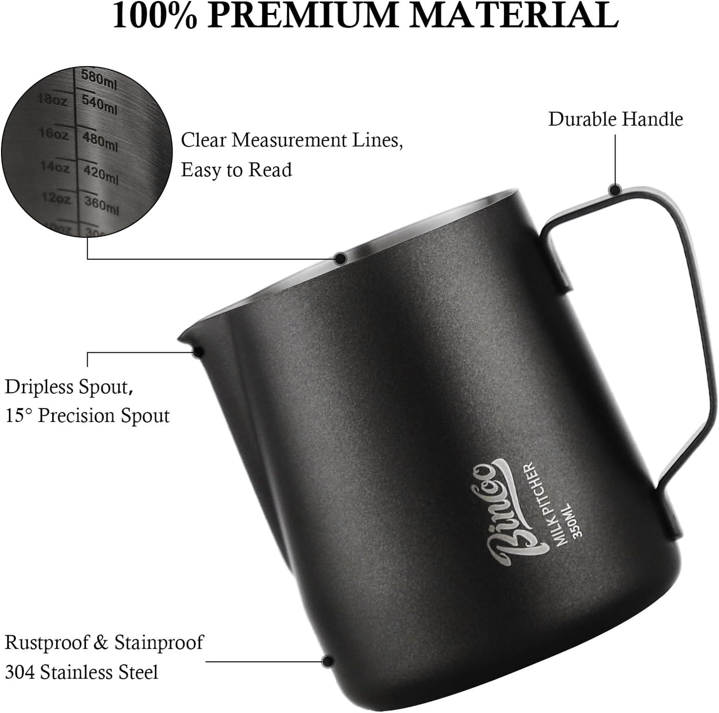 600ML Milk Frothing Pitcher - SUS304 Stainless Steel Latte Art Coffee Jug – Barista-Grade Milk Frother Cup with Precision Spout, Measurement Markings & Ergonomic Handle for Home & Café