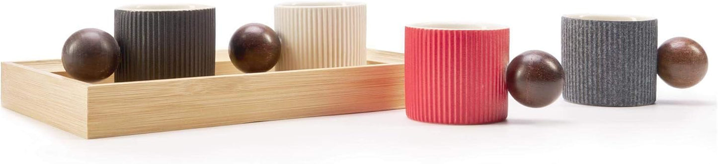 Ceramic Mini Espresso Cups Demitasse Cups with Round Wooden Handle Vertical Stripes Tea Cups (black, 4pcs)