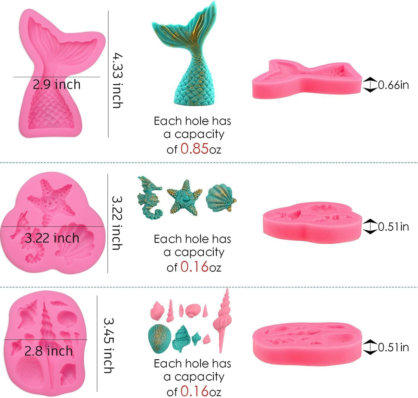 SAKOLLA Mermaid Theme Silicone Fondant Mold - Mermaid Tail Seashell Starfish Hippocampus Conch Silicone Mold for Under The Sea Cake Decoration, Gum Paste, Polymer Clay, Cupcake Decor, Sugar Craft