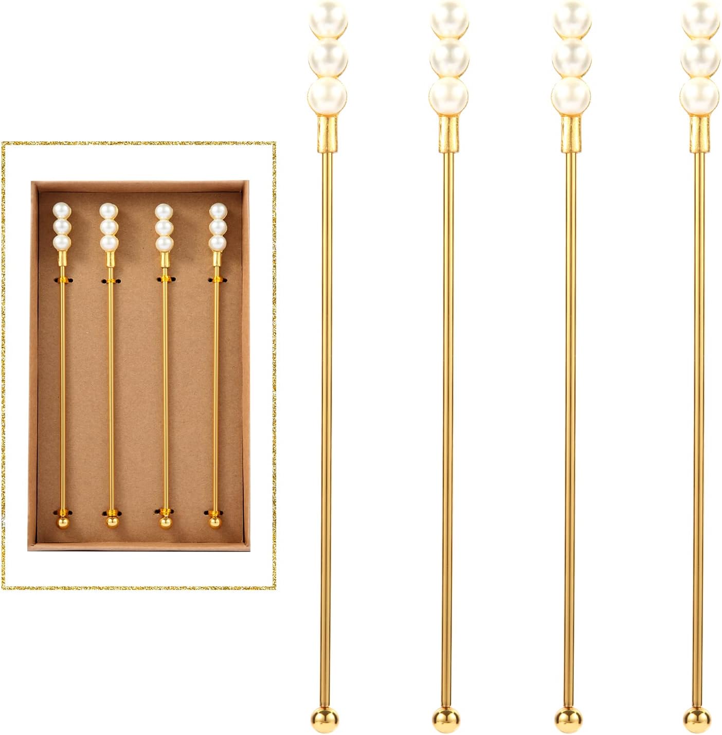 Exquisite Gold Pearl Stainless Steel Coffee Beverage Stirrers Stir Cocktail Drink Swizzle Stick for Wendding Party Value Pack, Hostess Gifts Set of 4, 7.5 Inches Long