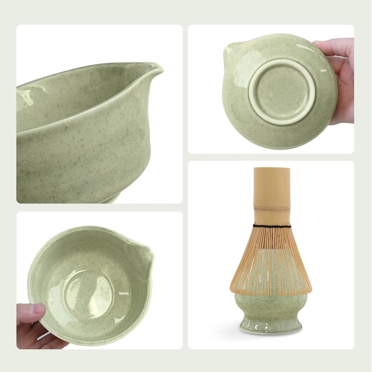 Green Matcha Whisk Making Set - Japanese Tea Kit with Whisk Bowl and Bamboo Scoop Ceramic Chawan with Spout for Traditional Tea Ceremony Complete Matcha Making Tools Gift for Tea Lovers (Green, 5 PCS)