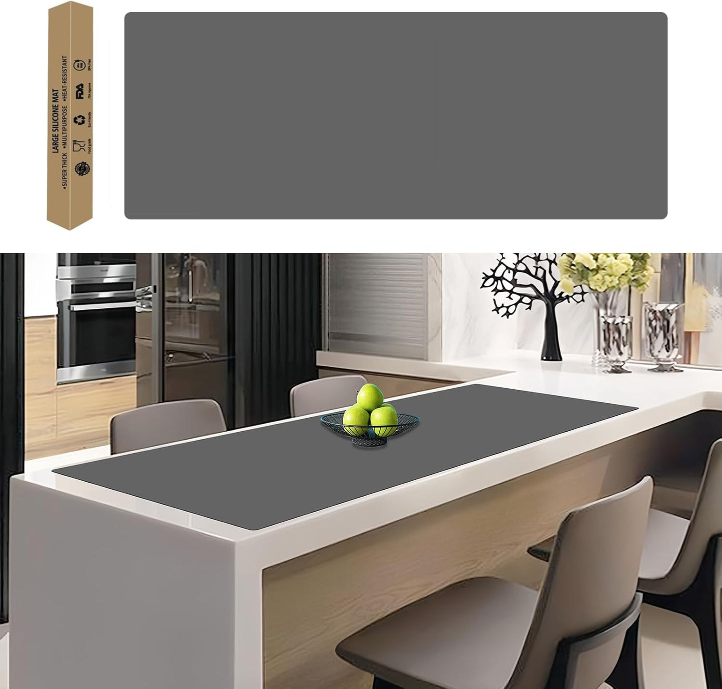 49.2''x15.7''(125cmx40cm) Extra Large Silicone Mat, Silicone Mats for Kitchen Counter, Heat Resistant Mats, Kitchen Island Countertop Protector, Waterproof Placemat, Dark Gray