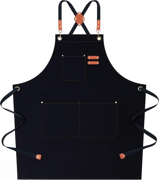 AFUN Chef Aprons for Women Men with Large Pockets, Cotton Canvas Cross Back Water Repellent Work Apron, Size M to XXL (Black)