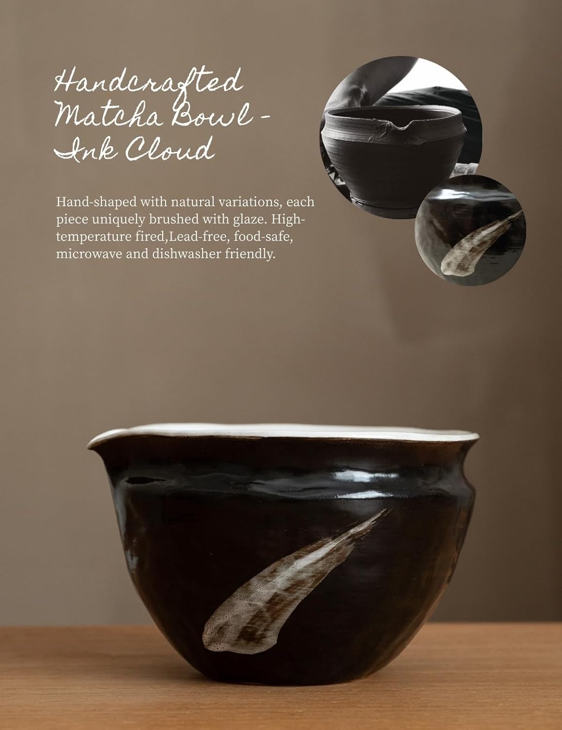 6-pcs Japanese Matcha Whisk Set with Handmade Wabi-Sabi Ceramic Bowl(Chawan),Bamboo Chasen, Whisk Holder, Scoop, Sifter & Tea Towel,Matcha Ceremony Kit,(Ink Cloud)