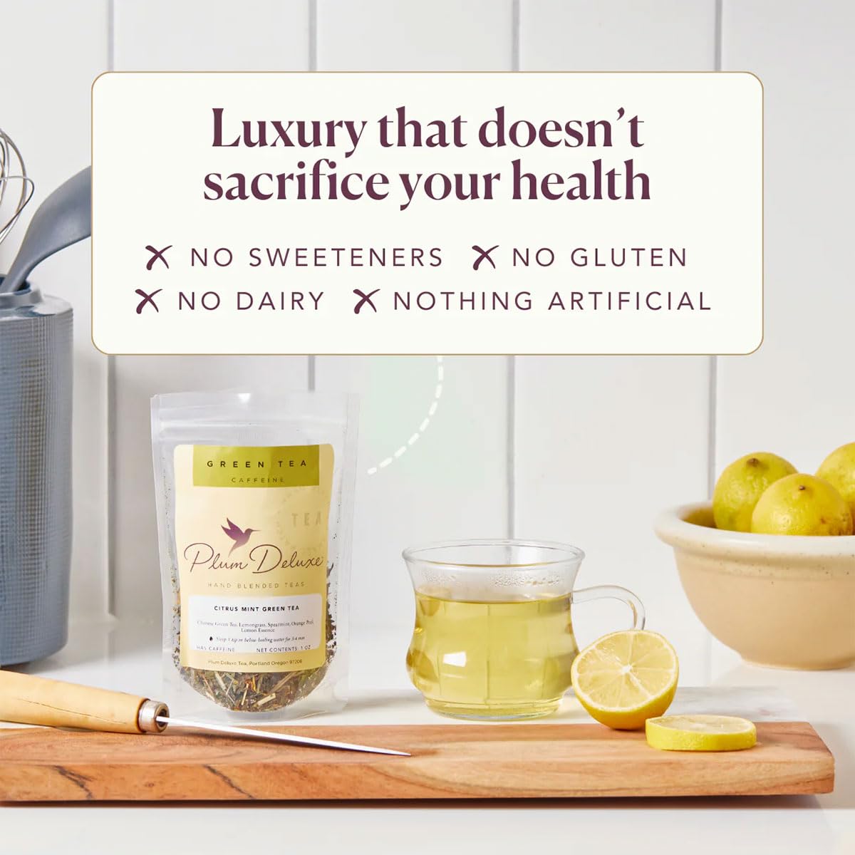 Citrus Mint Green Tea – Refreshing Loose Leaf Blend with Green Tea, Orange, Lemon, Lemongrass and Spearmint – Low Caffeine – Hot or Iced – 60 to 80 Cups – No Added Sugar – Hand Crafted in USA - Plum Deluxe