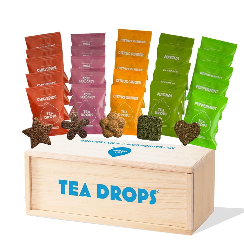 Tea Drops Sampler Box 25 Count | Organic Dissolvable Loose Leaf Tea | Iced or Hot | On-The-Go Naturally Sweetened Organic Chai, Rose Earl Grey, Citrus Ginger, Peppermint, Matcha | 25 Servings - 5 Per Flavor