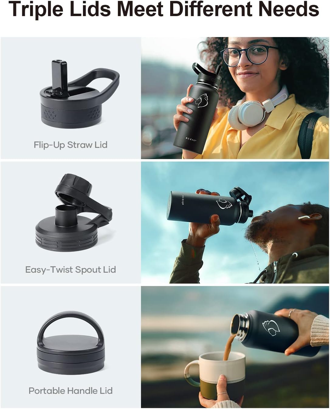 BUZIO 32 oz Water Bottle Insulated with Straw & 3 lid and Carrying Pouch, Leak Proof Anti-Slip Stainless Steel Water Flask Jug, Cold for 48 Hrs Double Vacuum Thermo Canteen, BPA-Free, Black