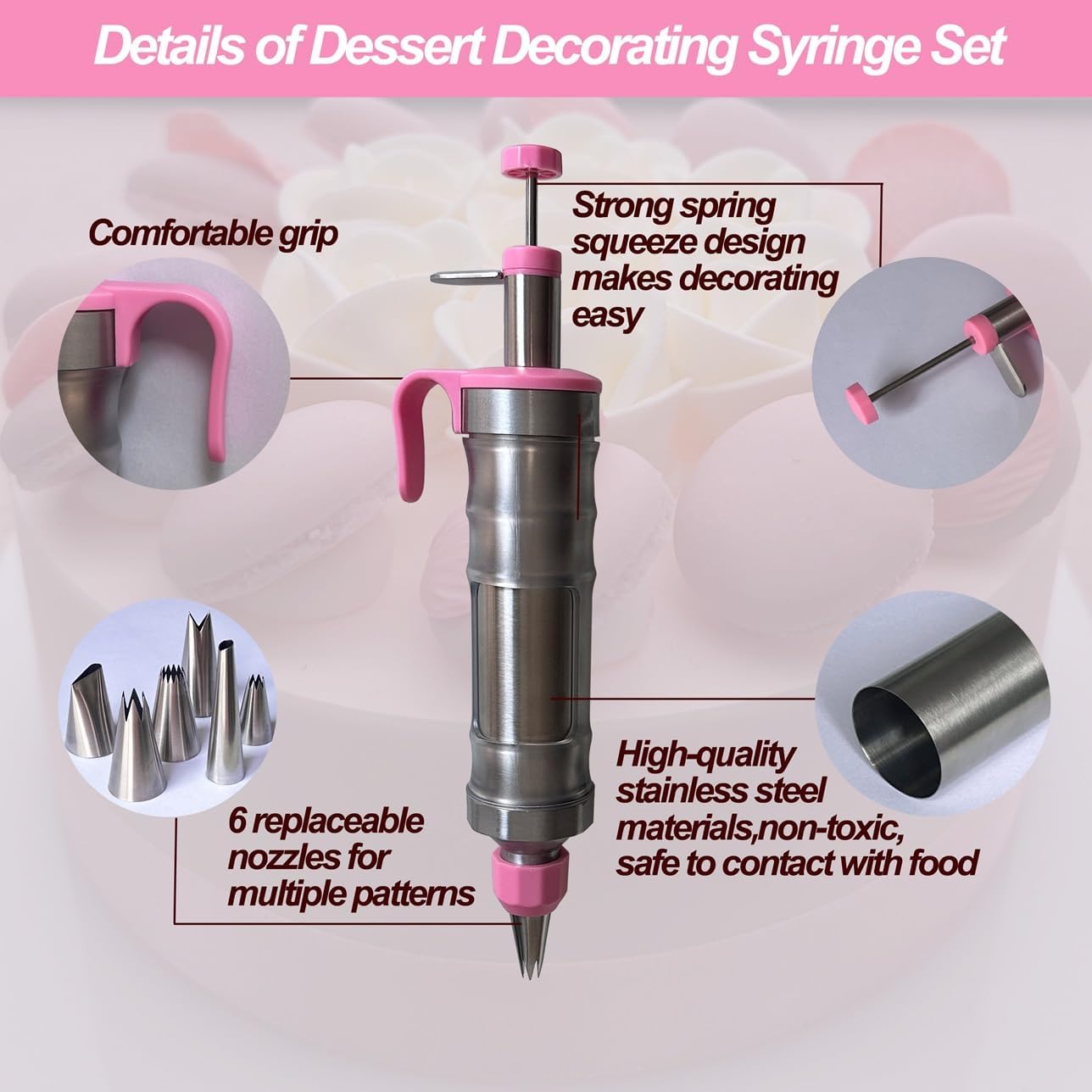 Dessert Decorating Piping Syringe Set Cake Decorating Tool Cookie Gun Press,Icing Decoration Gun,Frosting Piping Kit 6 Piping Icing Nozzles for Baking,Decorating Cupcake,Deviled Eggs (Silver & Pink)