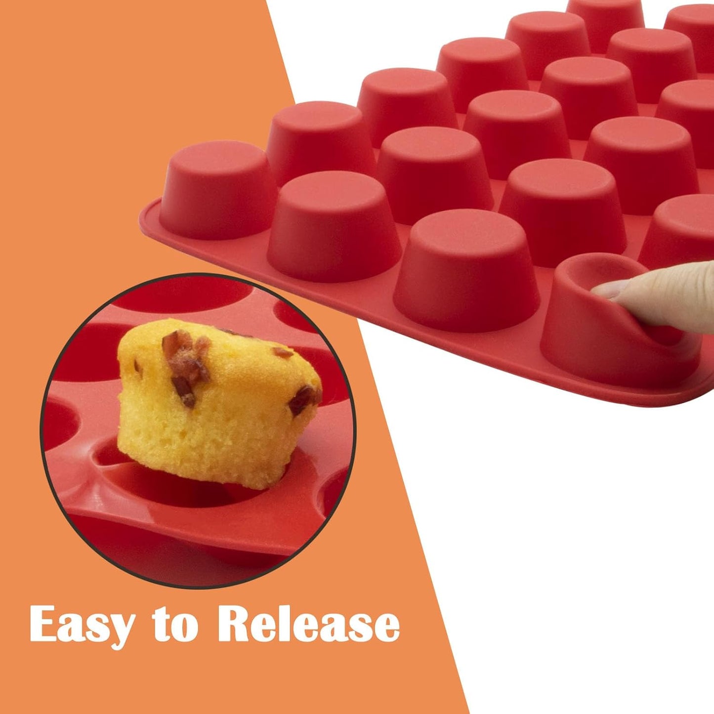 24 Cups Silicone Mini Muffin Pan Set, Nonstick Mini Cupcake Pans, BPA Free Small Muffin Tin for Baking, Set of 2 (Red+Red)