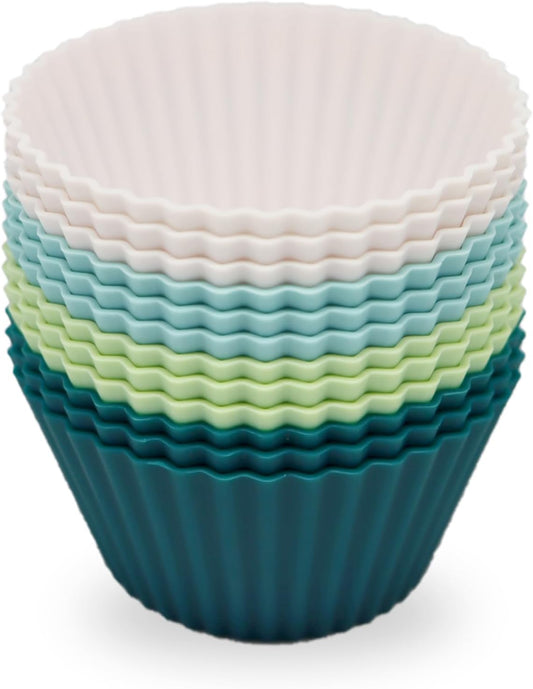 Large Silicone Baking Muffin Cups, 12 Pack Reusable Cupcake Liners Jumbo Size 3.54inch Cake Molds, BPA Free, Dishwasher Safe(White, Green, Navy, Dusty Blue)