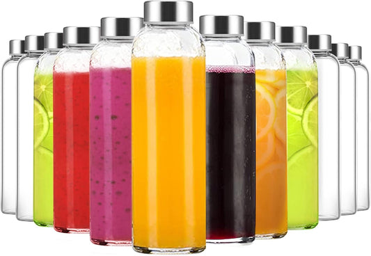 18 oz Clear Glass Water Bottles with Lids, Reusable Glass Juice Bottles with Stainless Steel Cap for Juicing, Refrigerator,100% Leak Proof, BPA Free, Set of 24