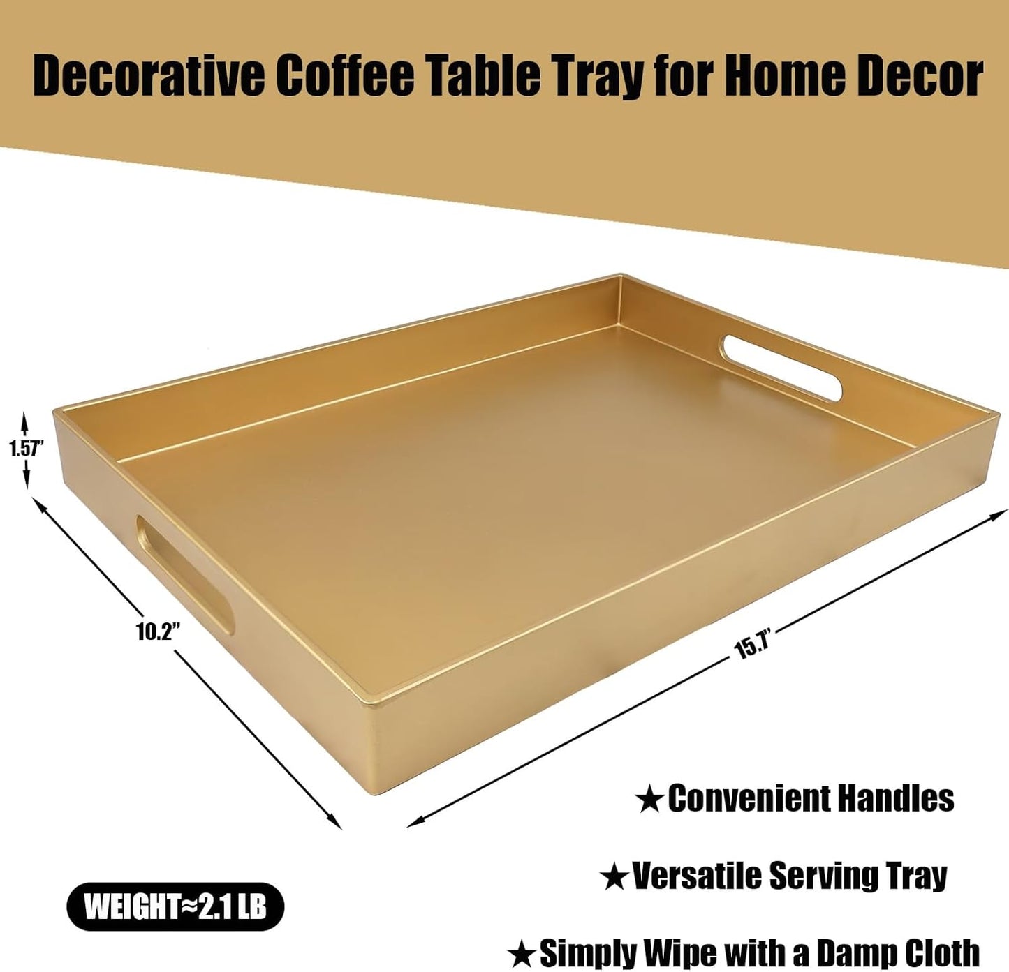 Gold Serving Tray for Coffee Table, Rectangular Plastic Decorative Tray with Handles for Entertaining, Outdoor Patio, Living Room, Ottoman, Bathroom Counter, 11.8”*15.7”*1.6”