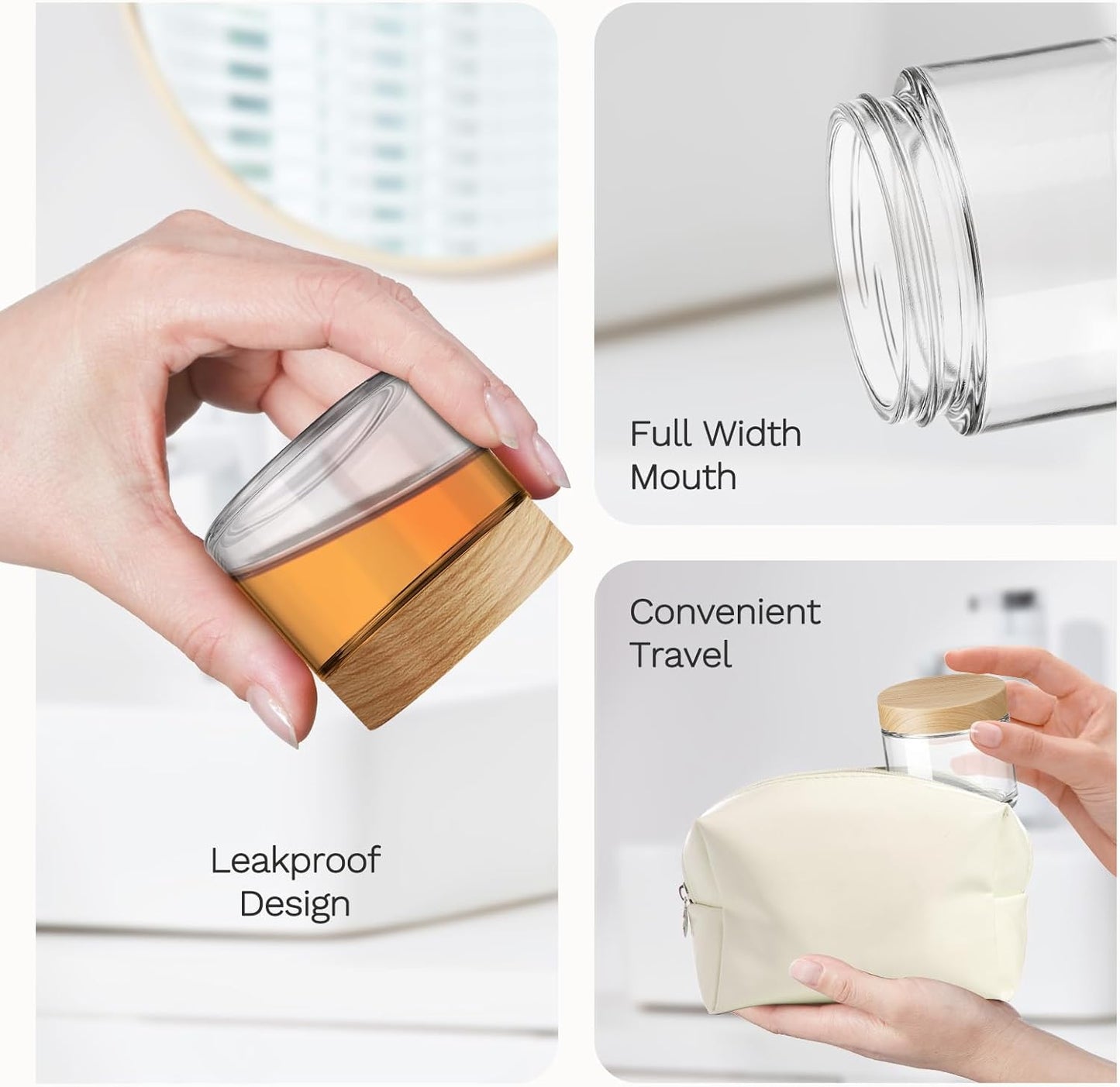 2 oz Glass Jars with Plastic Woodgrain Lids, Bumobum 48 pack Round Clear Cream Jars with Black and White Labels & Inner Liners, Empty Cosmetic Containers for Cream, Lotion, Ointment