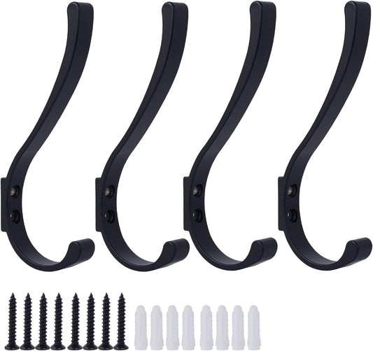 4 Pack Hanging Coat Hooks Wall Mount, Coat Hanger Wall Hangers, Metal Hooks for Hanging Heavy Duty, Screw in Hooks for Hanging Towels, Clothes, Backpack, Hat, Bag, Jacket, Key, Robe, Backpack Black