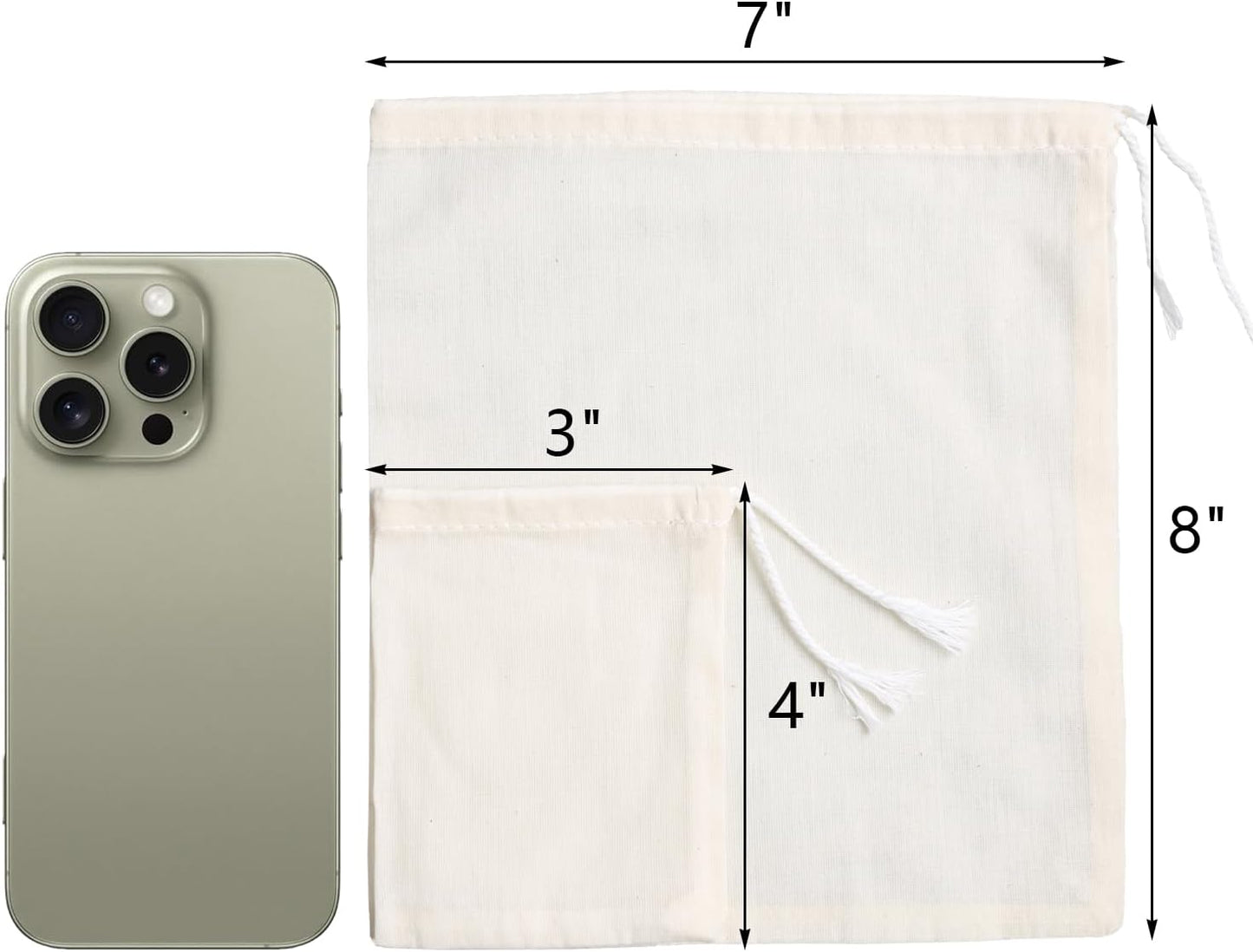 Eketirry Spice Bags, 20pcs Reusable Empty Tea Bags, Muslin Strainer Bags, Soup Bags for Cooking, Natural Cotton Fine Mesh Cheesecloth Bags for Cold Brew Coffee(3 x4" &7 x8")