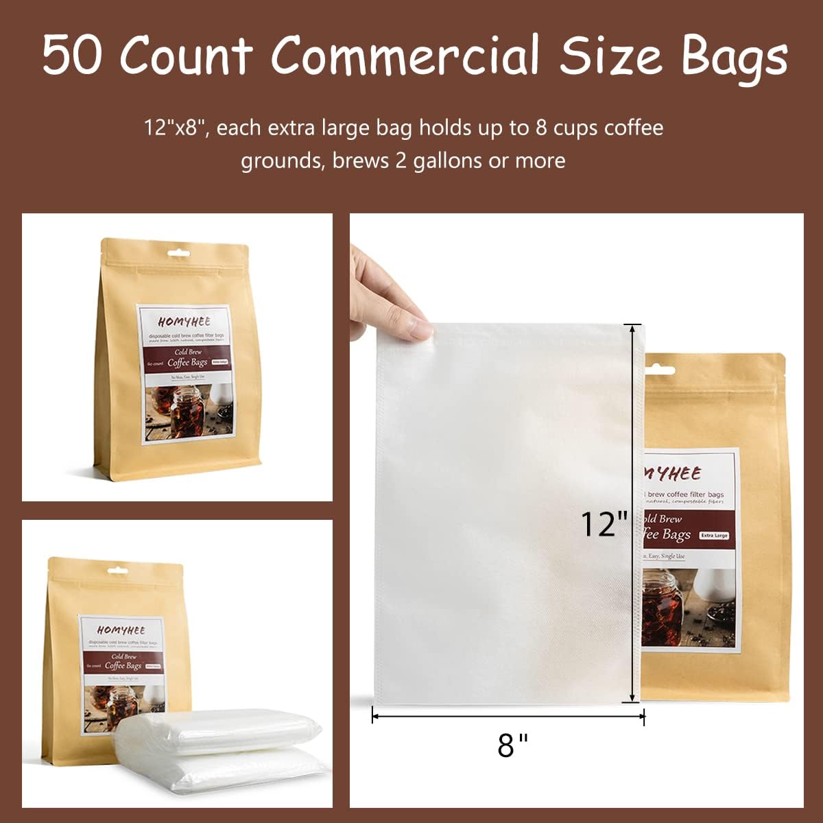 Disposable Cold Brew Coffee Filters - 50 Count Single Use Filter Sock Packs Fine Mesh Brewing Bags for Concentrate, Iced Coffee Maker, French/Cold Press Kit, Tea in Mason Jar, 8 x 12 Inches
