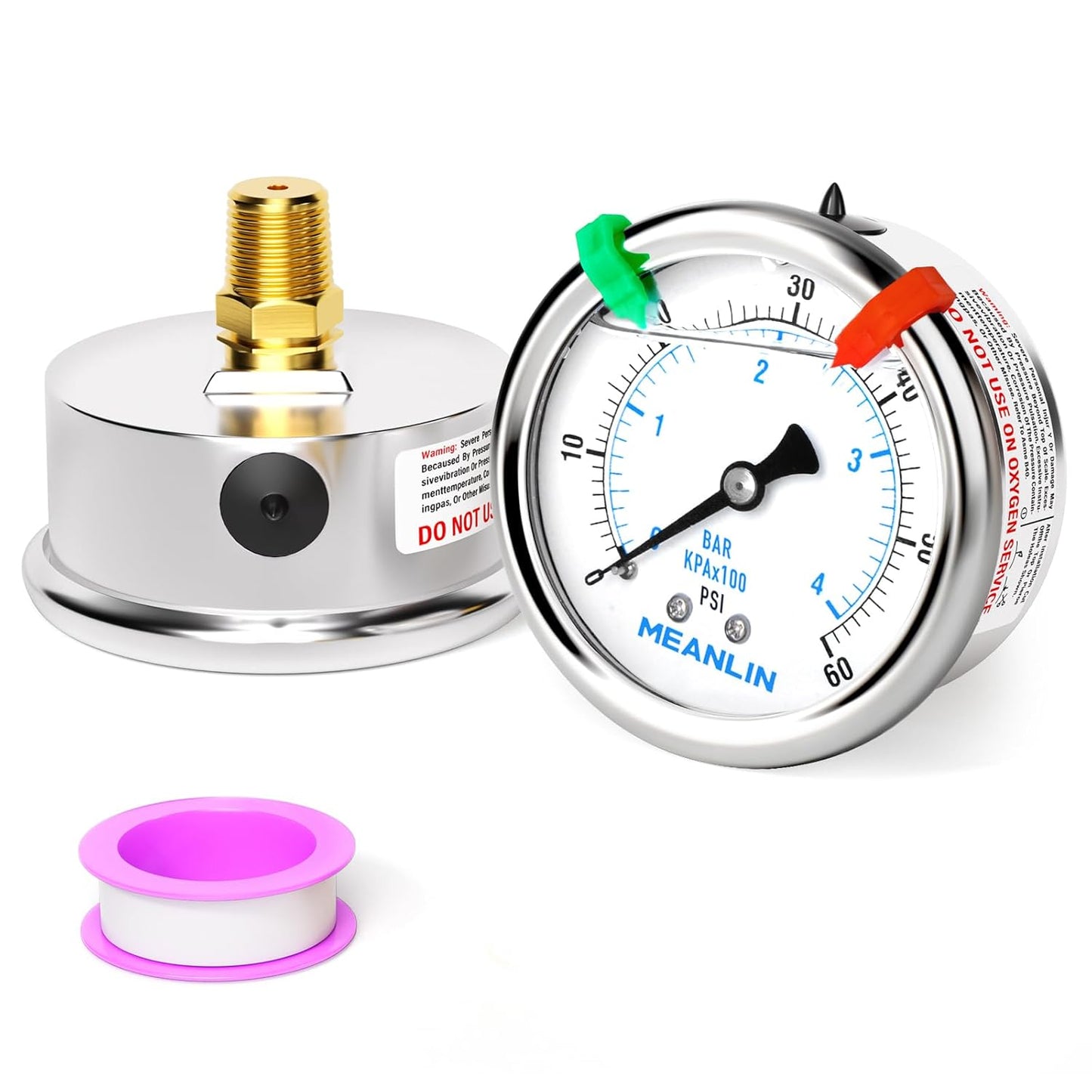 MEANLIN MEASURE 0~60Psi Liquid Filled Pressure Gauge 1/4" NPT 2.5" FACE DIAL Stainless Steel Glycerin Filled WOG Water Oil Air Back Mount (with 2PCS Snaps)