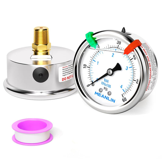 MEANLIN MEASURE 0~60Psi Liquid Filled Pressure Gauge 1/4" NPT 2.5" FACE DIAL Stainless Steel Glycerin Filled WOG Water Oil Air Back Mount (with 2PCS Snaps)
