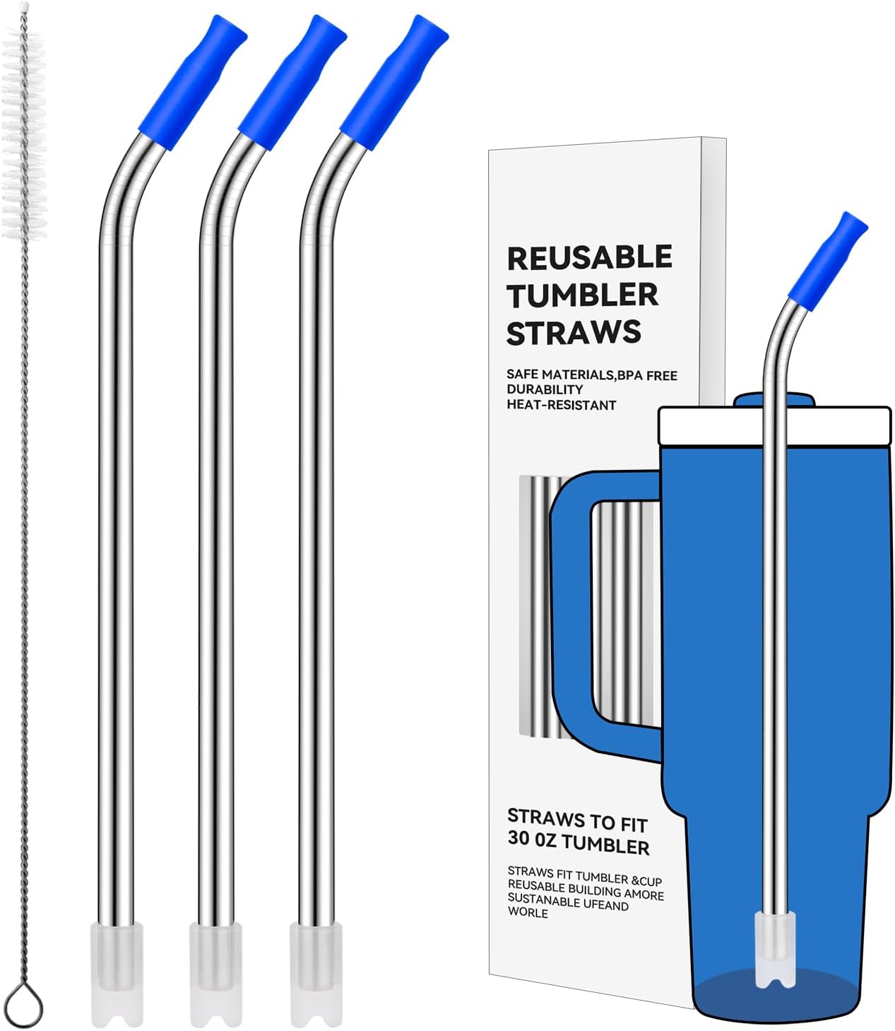 Reusable Stainless Steel Straws with Silicone Tip for Stanley 30oz, Metal Drinking Straws for 30oz Tumbler,3 Bent Tubes & 6 Tips& 1 Cleanr Brush (Iris)