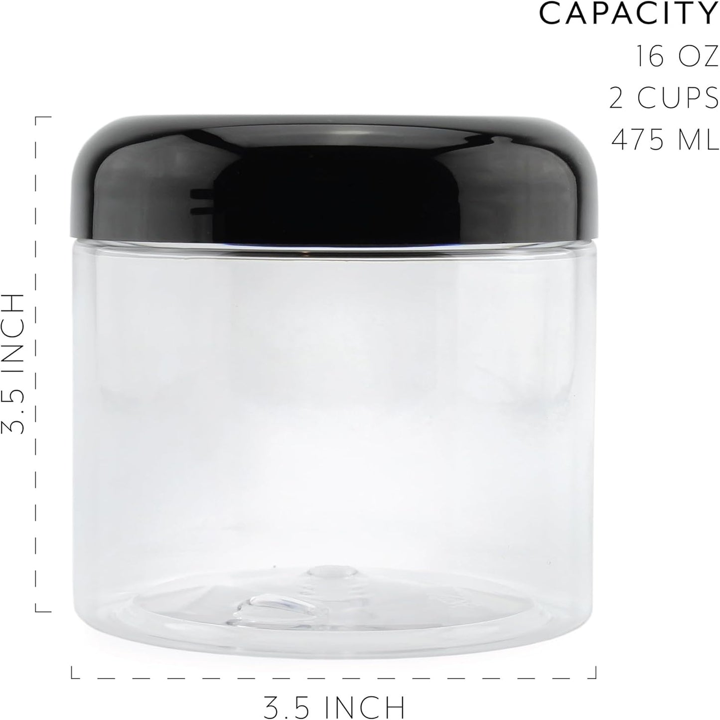 Cornucopia Brands 16oz Clear Plastic Jars w/Domed Lids (6-Pack); BPA Free PET Stackable Straight Sided Canisters for Bathroom & Kitchen Storage