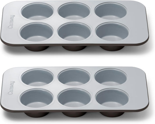 Caraway Nonstick Ceramic 6 Cup Muffin Pan Duo – Non-Toxic, PTFE & PFOA Free – Oven Safe – Aluminized Steel Core – Small Muffin Pan for Baking Cupcakes, Muffins & More - Black