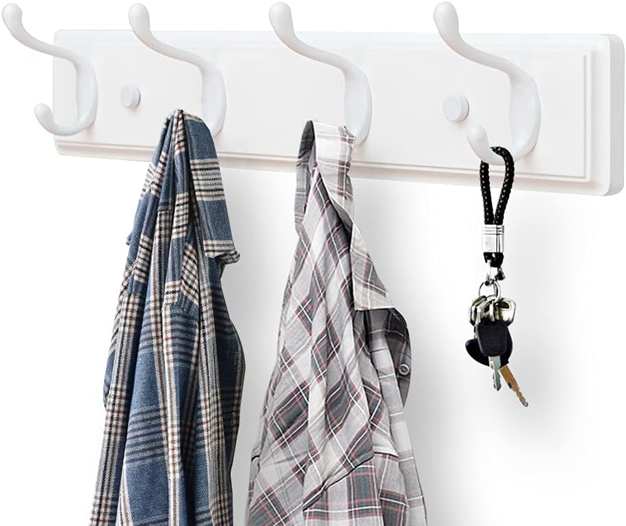 Wooden Coat Rack, Wall-Mounted Organizer for Closet, Entryway, Hallway, Foyer, Bedroom, Heavy Duty Double Hooks for Hanging Towels, Bags, Hats, Jackets, Key (White, 4 Hooks)