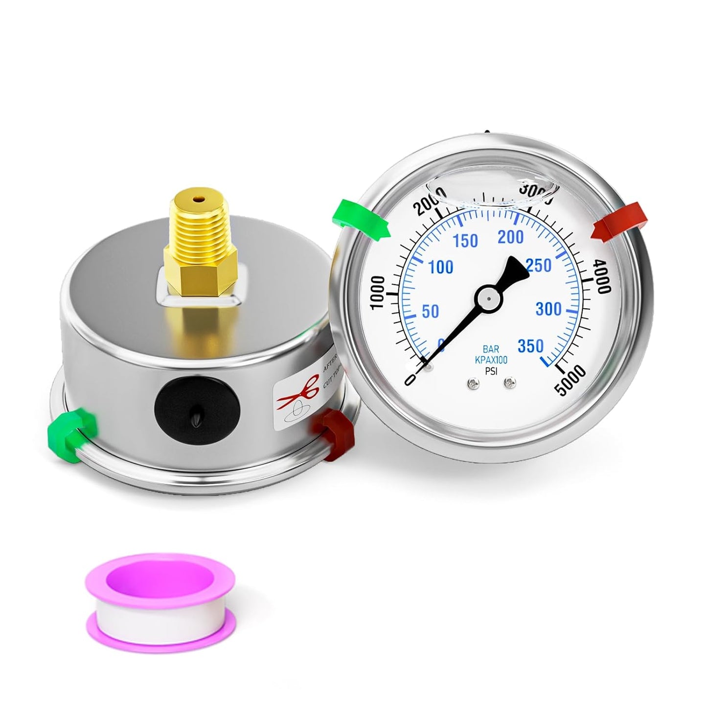 0-5000psi Stainless Steel Glycerin Liquid Filled Pressure Gauge 1/4" NPT 2.5" Face Dial Center Back Mount, for Water, Oil and Air Pressure Testing (with Range Mark Pointer)