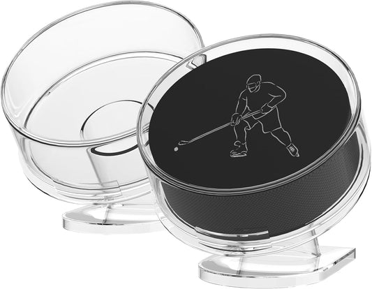 Acrylic Hockey Puck Display Case Clear Puck Display Holder for Storage Collectibles Display Box with Base (2 Pack)