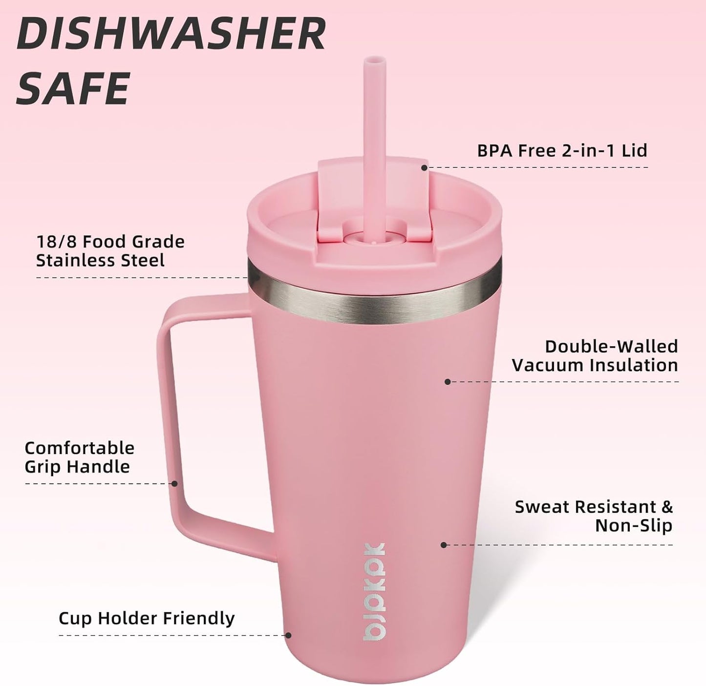 BJPKPK Insulated Tumbler with Handle, 18oz Insulated Tumblers with Lid and Straw, Stainless Steel Metal Water Bottles, Coffee Travel Mugs, Cups, Light Pink