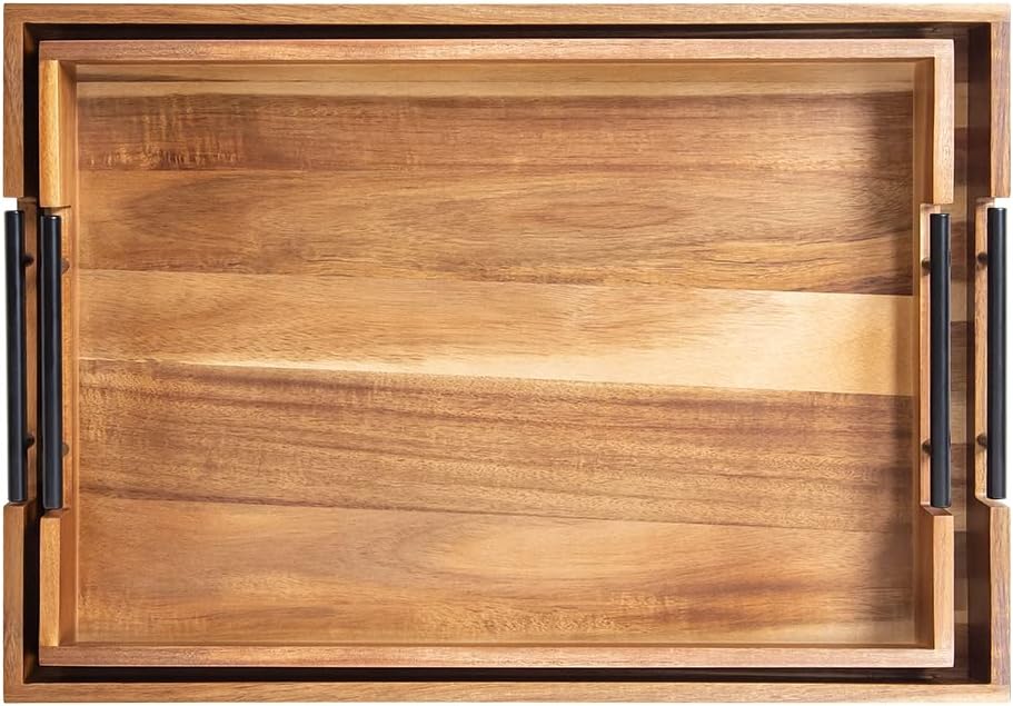 Extra-Large Wooden Tray Set of 2, (20.1'' + 18.1'') Serving Tray with Metal Handles, Rectangle Rustic Serving Trays for Breakfast, Used in Kitchen Counter, Coffee Table, Bedroom, Living Room