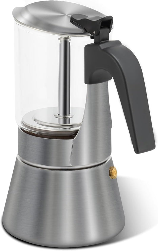 Grasseed Stainless Steel Moka Pot, Crystal Glass-top Coffee Maker Mocha Pot, Italian Stovetop Espresso Maker for Coffee - 9 Cup/360ml