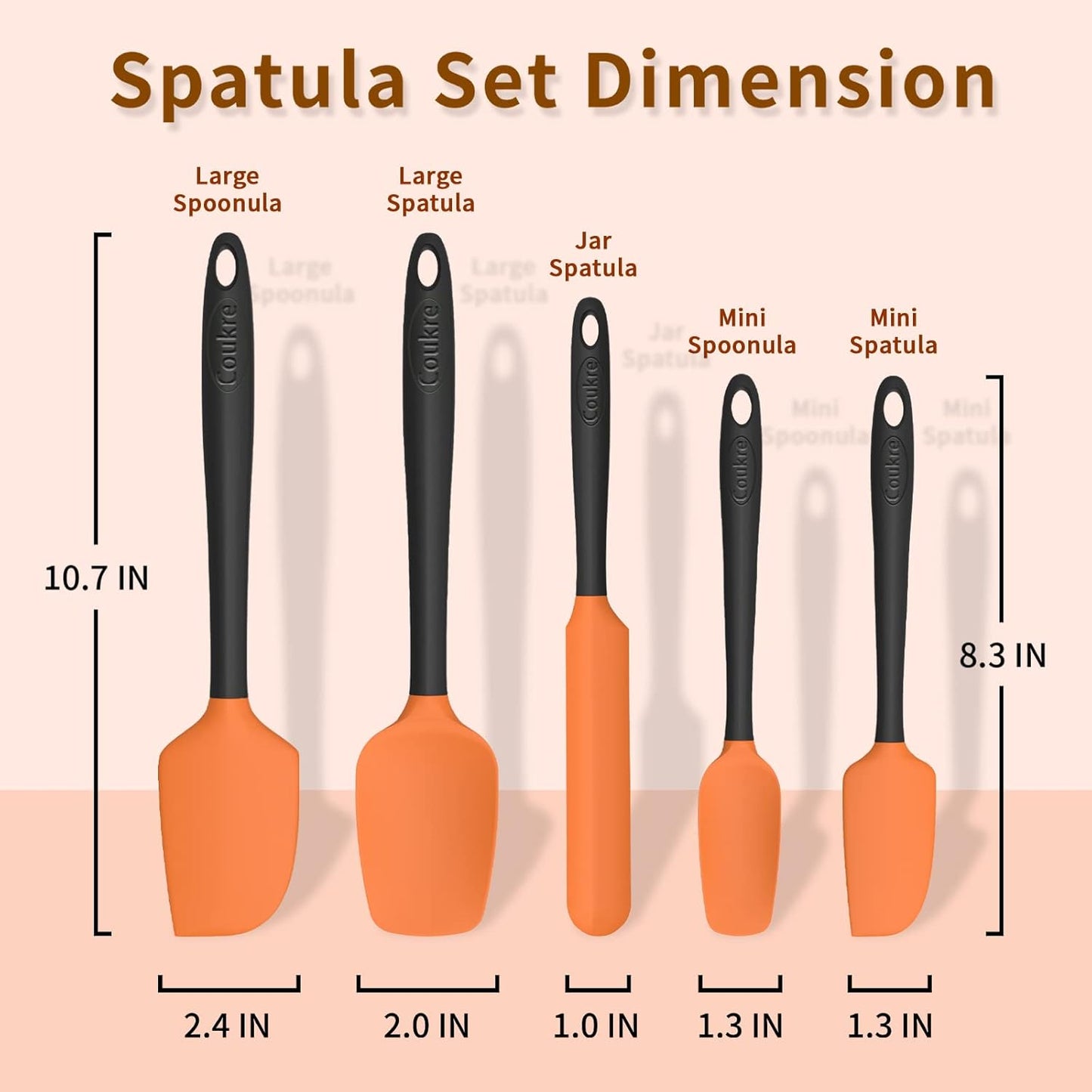 Coukre Silicone Spatula Set of 5,High Temperature Resistant, Food Grade Silicone, Dishwasher Safe, for Baking cooking (Orange)