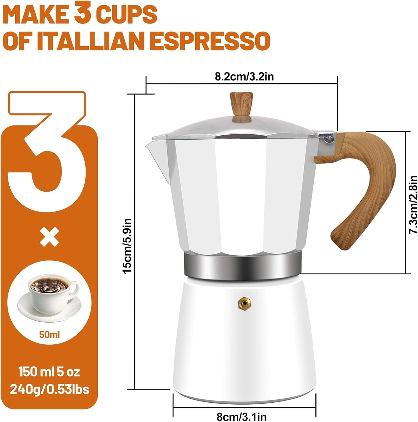 3 Cup Aluminum Espresso Stovetop Moka Pot Express Coffee Maker Percolator Italian Classic Mocha Coffee Machine for Italian and Cuban Cafe Brewing for Home & Camping 150ml 5oz