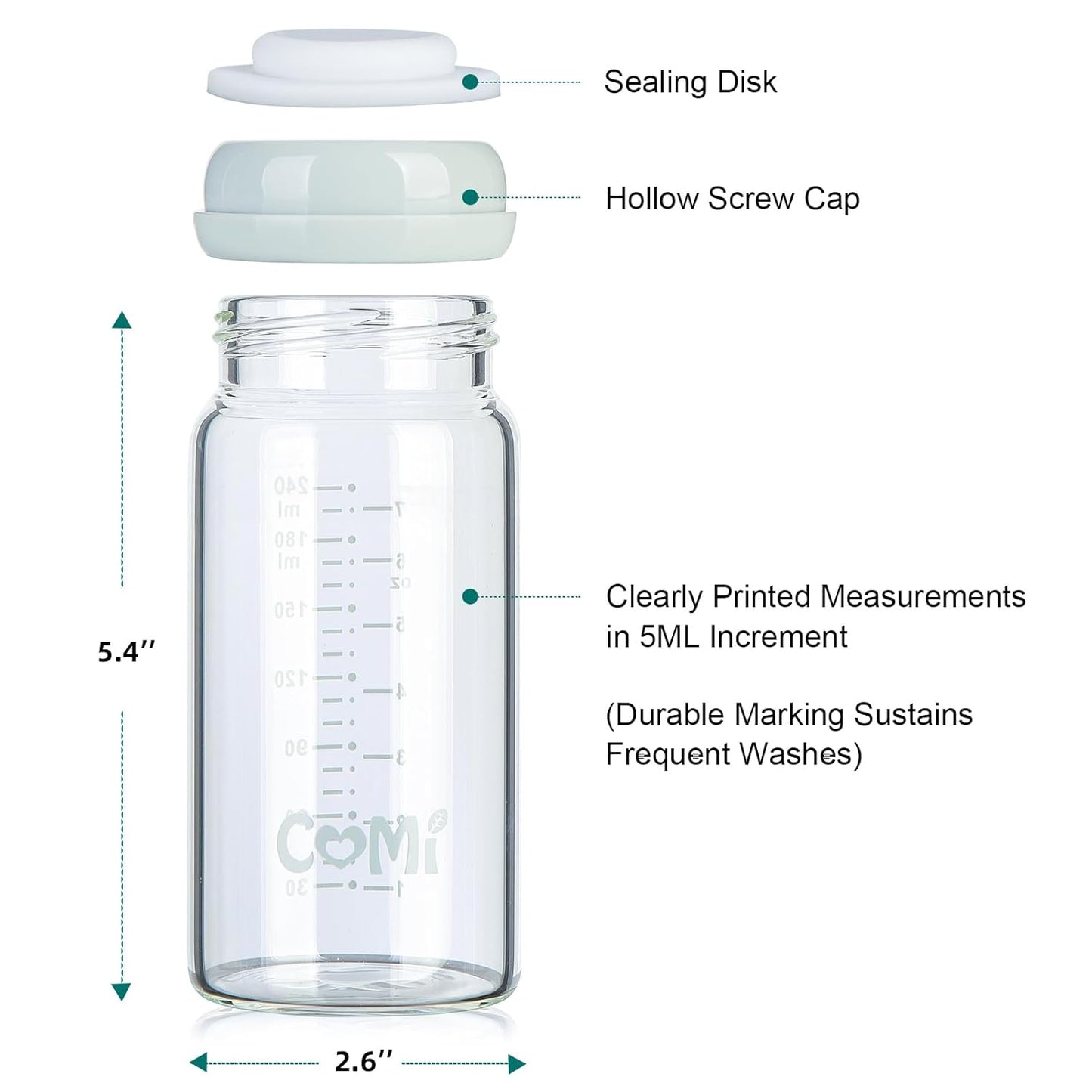 COMI Wide Neck Glass Breastmilk Collection n Storage Bottle, 8oz with Screw Ring Sealing Disk; Re-markable Sealing Disc. BPA Free, Fits Breast Pumps & Nipples (4 Gray Lids)